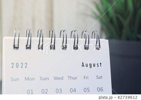 Blurred white August 2022 calendar with potted plant. New Year Concept Blurred white August 2022 calendar with potted plant. New Year Concept 82739612