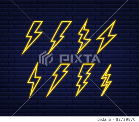 Lightning bolt neon set. Thunder bolt, lighting strike expertise. Vector illustration. Lightning bolt neon set. Thunder bolt, lighting strike expertise. Vector illustration. 82739970