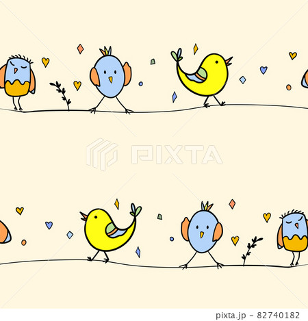 Seamless pattern with funny colorful birds sitting on wires. Color flat vector illustration with little cartoon bird. Cute characters. Template design for invitation, flyer, textile, fabric for kids 82740182