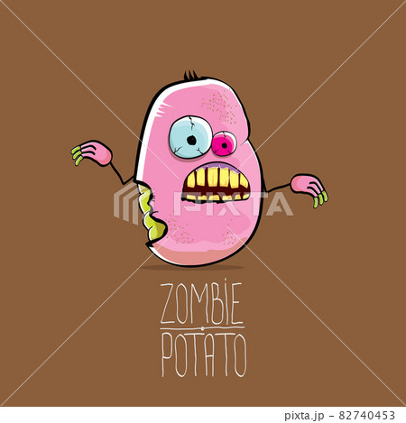 vector funny cartoon cute pink zombie potato character isolated on brown background. My name is zombie potato vector concept halloween background. monster vegetable funky character 82740453