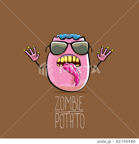 vector funny cartoon cute pink zombie potato character isolated on brown background. My name is zombie potato vector concept halloween background. monster vegetable funky character vector funny cartoon cute pink zombie potato character isolated on brown background. My name is zombie potato vector concept halloween background. monster vegetable funky character 82740480