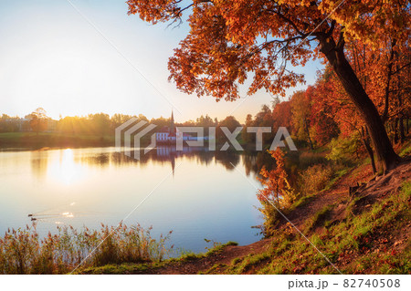 Sunny autumn morning landscape. A bright autumn misty landscape with golden trees by the pond and an old palace. Gatchina. Russia. Sunny autumn morning landscape. A bright autumn misty landscape with golden trees by the pond and an old palace. Gatchina. Russia. 82740508
