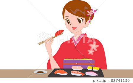 寿司を食べる着物姿の若い女性のイラストのイラスト素材