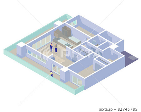 アイソメトリックなマンションの内見をする若い男女のイラストのイラスト素材