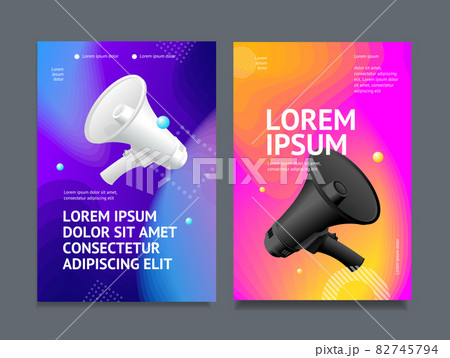 Poster Banner Card with Megaphone and Abstract Memphis Style Elements Set. Vector 82745794