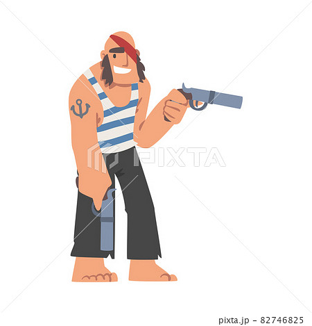 Brutal Man Pirate or Buccaneer Character in Striped Vest as Marine Robber with Pistol Aiming Vector Illustration 82746825
