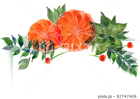Christmas floral vignette with oranges and poinsettia and winter branches Christmas floral vignette with oranges and poinsettia and winter branches 82747409
