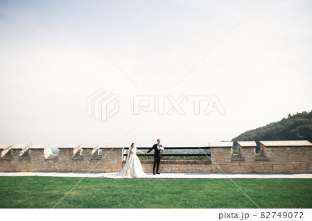 Happy wedding couple walking in a botanical park 82749072