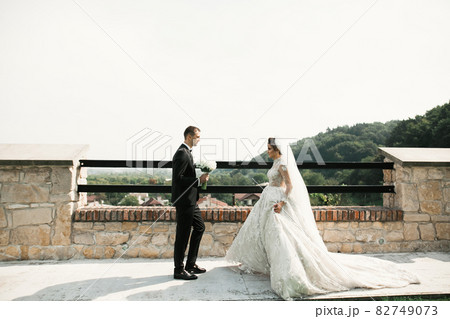 Sunshine portrait of happy bride and groom outdoor in nature location 82749073