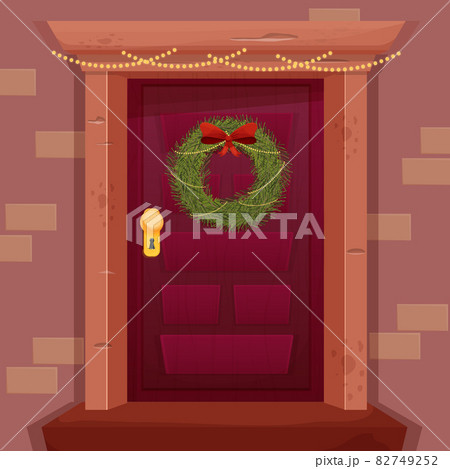 Christmas Wreath with red bow on retro wooden Door in cartoon style isolated on white background. Winter, holiday decoration. Christmas Wreath with red bow on retro wooden Door in cartoon style isolated on white background. Winter, holiday decoration. 82749252