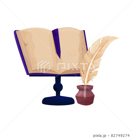 Magic mystic book, witchcraft equipment, old medieval parchment in cartoon style isolated on white background. Sorceress, ui asset. 82749274