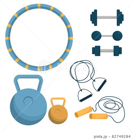 Set of equipment for training, workout Hula hoop, expander, dumbbell isolated on white background. Object fot activity, aerobic. 82749284