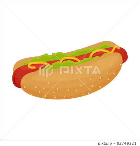 Colorful delicious hotdog with sausage, mustard, lettuce and sesames on buns isolated on white background. Colorful delicious hotdog with sausage, mustard, lettuce and sesames on buns isolated on white background. 82749321