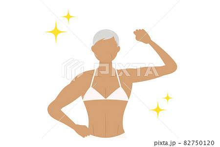 片手で力こぶを作ってポージングするボディビルダーのシニア女性のイラスト素材 7501