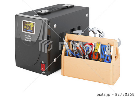 Voltage stabilizer with toolbox. Repair and service of automatic voltage stabilizer, 3D rendering 82750259