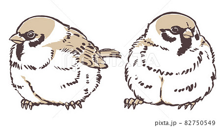 2羽のふくら雀　筆描き・2色塗り 82750549