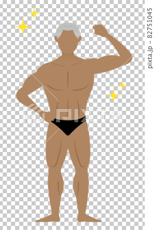 片手で力こぶを作ってポージングするボディビルダーのシニア男性 82751045