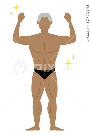 力こぶを作ってポージングするボディビルダーのシニア男性のイラスト素材