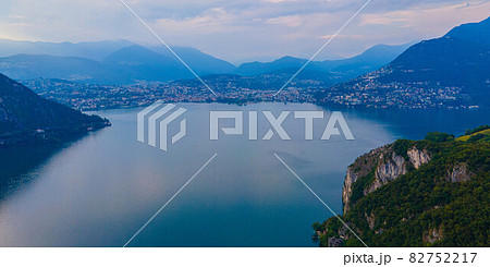 Aerial view over the Lake Lugano in Switzerland - evening view 82752217