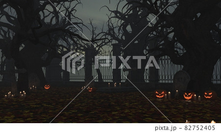 Halloween cemetery pumpkin skulls and candles 3d illustration Halloween cemetery pumpkin skulls and candles 3d illustration 82752405