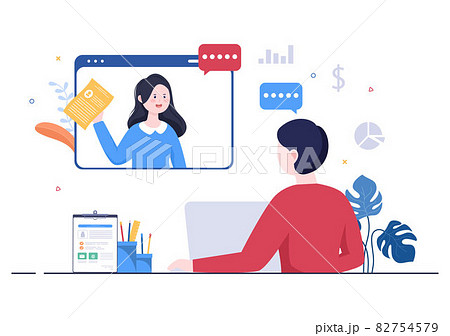 Job Interview Online Service or Platform, Candidate and HR Manager. Business Man or Woman at Table, Vector Illustration For Conversation, Career, Human Resource Concept Job Interview Online Service or Platform, Candidate and HR Manager. Business Man or Woman at Table, Vector Illustration For Conversation, Career, Human Resource Concept 82754579