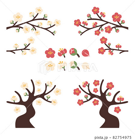 梅の木と花の素材イラストセットのイラスト素材