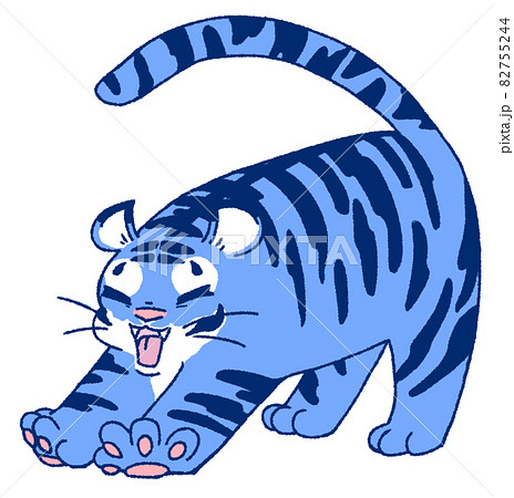 口を開けて伸びをするトラ 青色 のイラスト素材