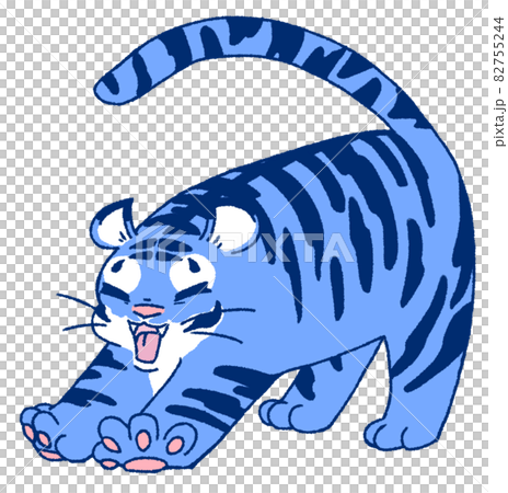 口を開けて伸びをするトラ（青色）のイラスト素材 [82755244] - PIXTA