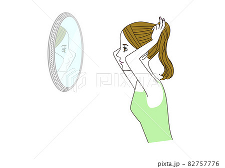 鏡を見ながらポニーテールを結っている女性の横顔 上半身のイラストのイラスト素材