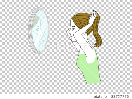 Illustration of the upper body of a woman who is tying a ponytail while looking in the mirror Illustration of the upper body of a woman who is tying a ponytail while looking in the mirror 82757776