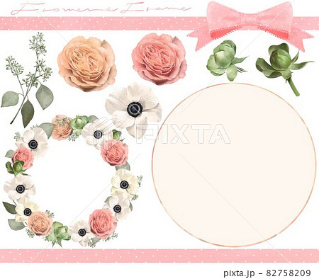 水玉模様のリボンフレームとアネモネと薔薇とつぼみと植物のリース白バックフレームイラスト素材 水玉模様のリボンフレームとアネモネと薔薇とつぼみと植物のリース白バックフレームイラスト素材 82758209