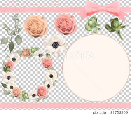 水玉模様のリボンフレームとアネモネと薔薇とつぼみと植物のリース白バックフレームイラスト素材 水玉模様のリボンフレームとアネモネと薔薇とつぼみと植物のリース白バックフレームイラスト素材 82758209