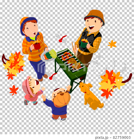 Family barbecuing in the autumn leaves 82759003