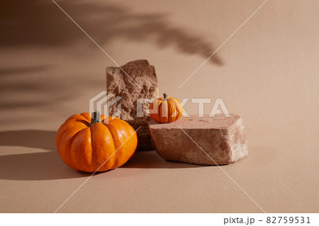 Autumn background podium display with pumpkins on biege background. Cosmetic, beauty product promotion autumn pedestal with shadows Autumn background podium display with pumpkins on biege background. Cosmetic, beauty product promotion autumn pedestal with shadows 82759531