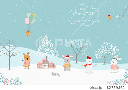 Merry Christmas and Happy new year greeting card with hand drawn cute animals send gift box by balloons on winter concept Merry Christmas and Happy new year greeting card with hand drawn cute animals send gift box by balloons on winter concept 82759862