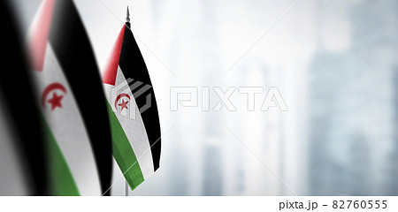 Small flags of Sahrawi on a blurry background of the city 82760555
