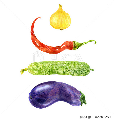 Set of four watercolor garden vegetables eggplant, cucumber, chilli pepper and onion on white background 82761251