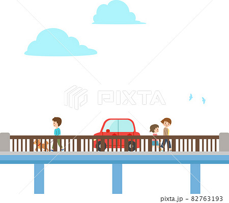 町の橋を渡る人物と自動車のイラスト素材