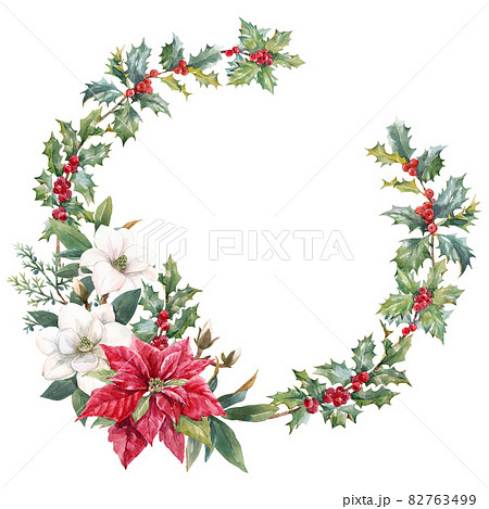 Beautiful floral christmas wreath with hand drawn watercolor winter flowers such as red poinsettia and holly branch. Stock 2022 winter illustration. 82763499