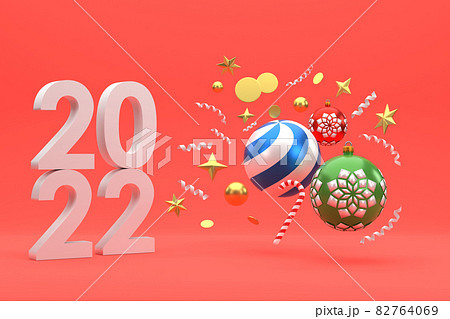 2022 festive celebrations for christmas and new year party christmas balls ribbons gift boxes on red background. 82764069
