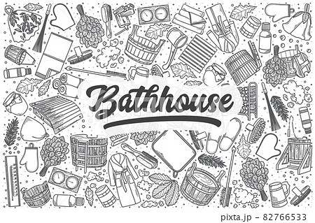 Hand drawn bathhouse vector doodle set. 82766533