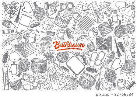 Hand drawn Bathhouse doodle set with lettering Hand drawn Bathhouse doodle set with lettering 82766534