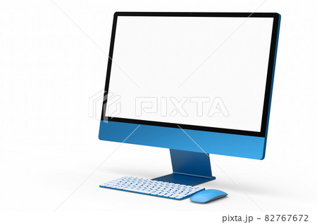 Realistic blue computer screen display with keyboard and mouse isolated on white 82767672