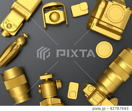 Top view of designer workspace and photography gear on black table background 82767683