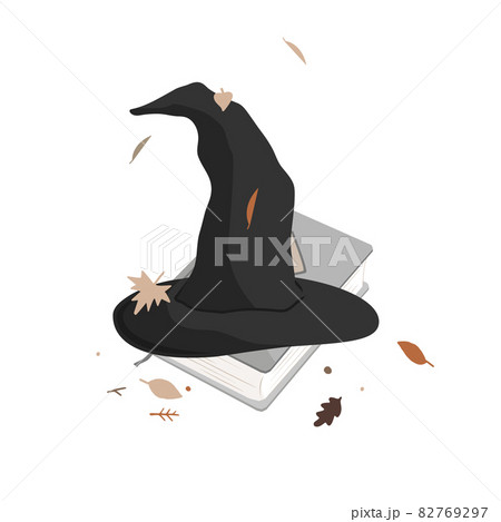 Witch hat and old magic book. Halloween composition. Cartoon vector illustration isolated on white background Witch hat and old magic book. Halloween composition. Cartoon vector illustration isolated on white background 82769297