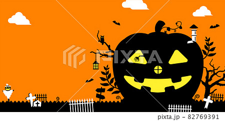 ハロウィン・ハロウィーン 南瓜の家シルエット 横長バナー ベクターイラスト(文字なし) 82769391