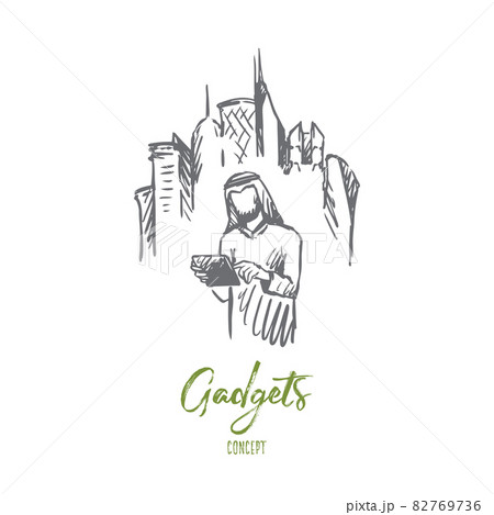 Gadgets, big city, megapolis, businessman, muslim concept. Hand drawn isolated vector. 82769736
