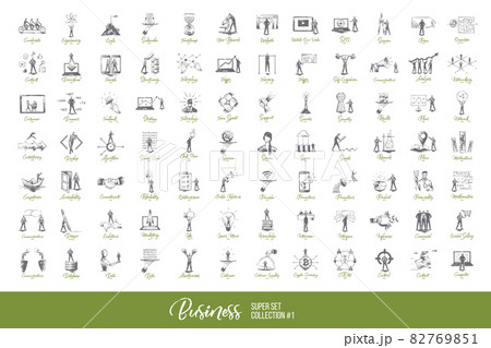 Business man presentation - idea, presentation, confidence, rush, point, approval vector concept set 82769851