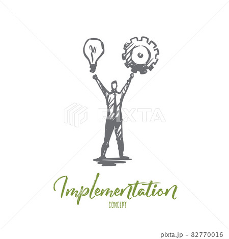 Implementation, man, idea, business, cogwheel concept. Hand drawn isolated vector. Implementation, man, idea, business, cogwheel concept. Hand drawn isolated vector. 82770016