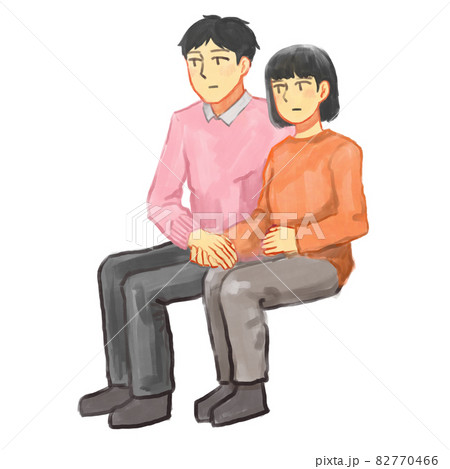 真剣な顔で手を繋ぐ男女ふたりのイラスト素材